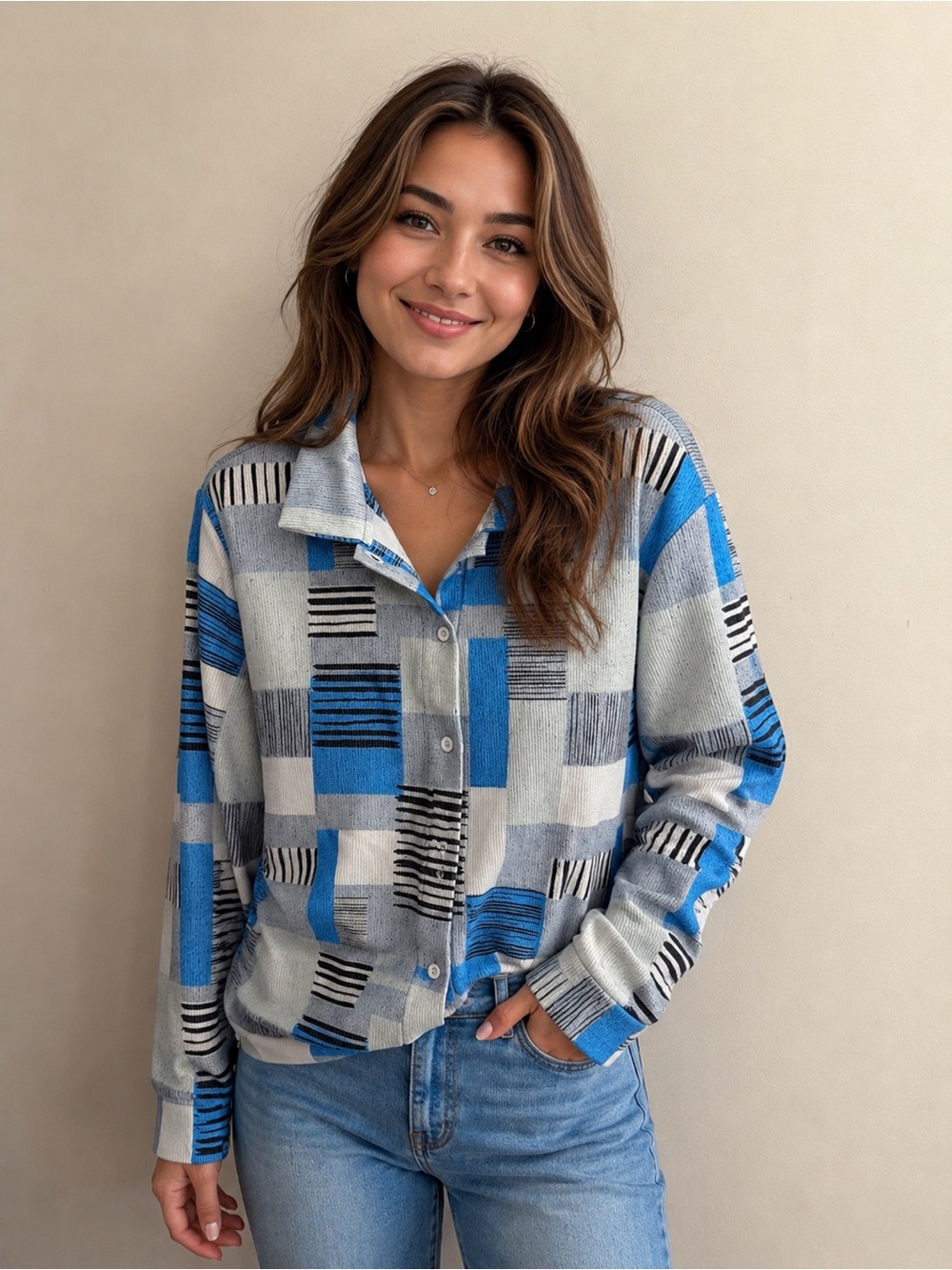 XL Geometric Print Button Front Top - Blue, Gray, Black, & White